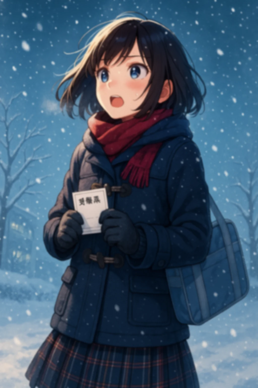 雪の中で受験票を握りしめ、希望を胸に顔を上げる高校生